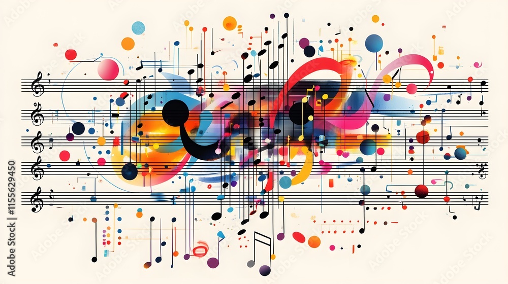 Obraz premium Vibrant Abstract Music Notes and Colorful Patterns Blending Together to Create a Dynamic Visual Harmony of Sound and Rhythm