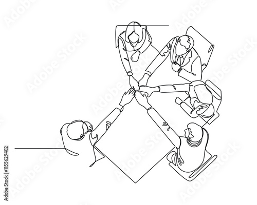 five business people sitting around a table, viewed from above, placing their hands together in the center, symbolizing unity and teamwork. Continuous line drawing illustration in business