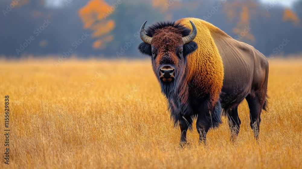 Majestic bison standing in tall grass on a plains landscape during daylight hours Majestic bison standing in tall grass on a plains landscape during daylight hours