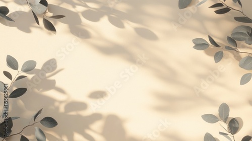 Beige background with eucalyptus leaves and shadows.