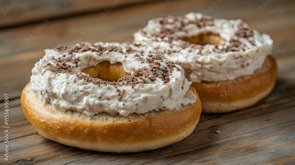 Bagels with cream cheese on wooden background in high-quality food photography Bagels with cream cheese on wooden background in high-quality food photography