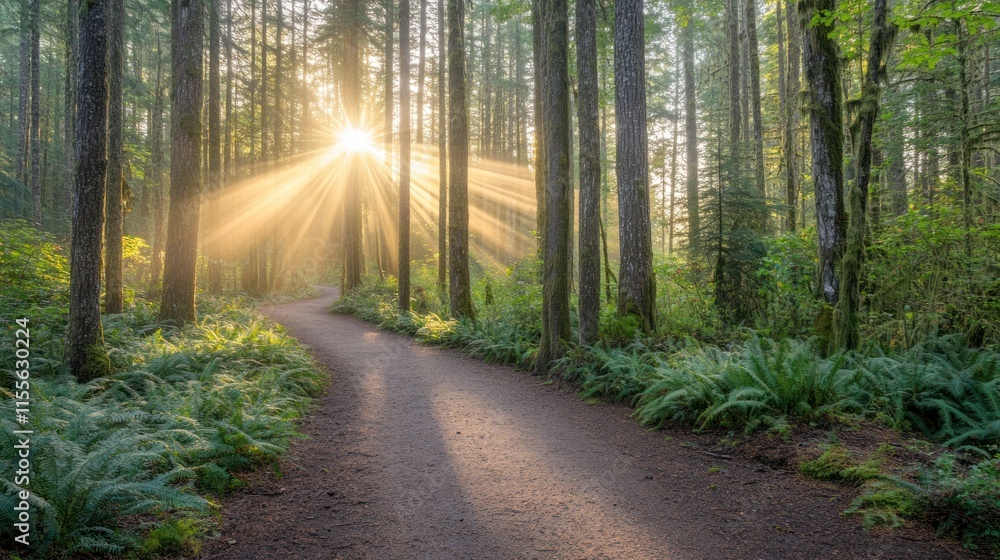 Obraz premium Sun rays illuminate a forest path.