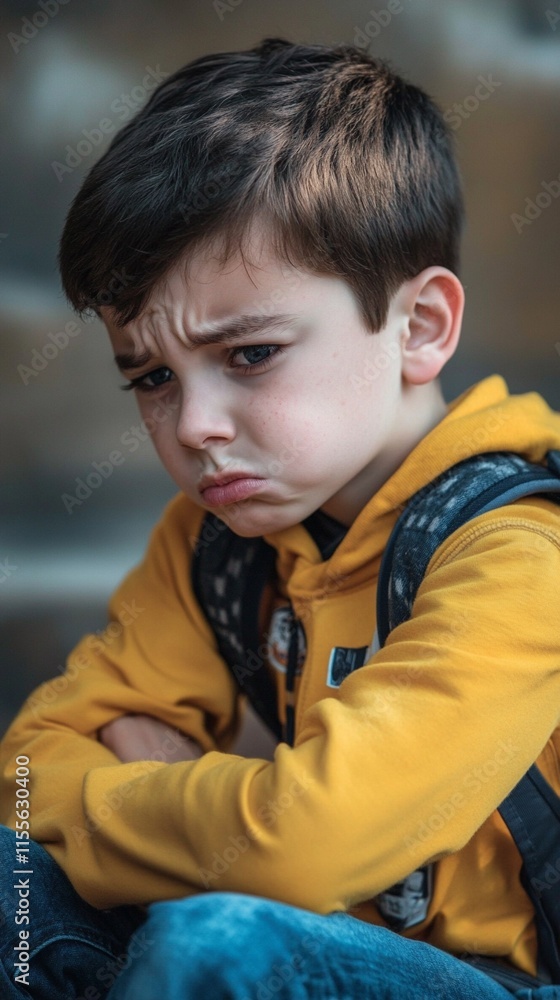 Young child in bright yellow hoodie showing upset emotion with crossed arms, captured in natural portrait style with shallow depth of field and soft background blur Young child in bright yellow hoodie showing upset emotion with crossed arms, captured in natural portrait style with shallow depth of field and soft background blur