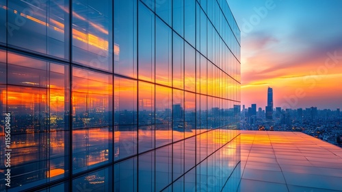Stunning sunset over London skyline reflecting on modern glass building