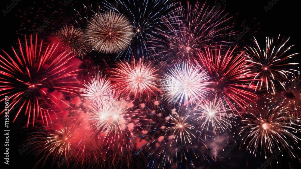 Fototapeta premium Vibrant Red and White Fireworks Show with Dazzling Light Effects on a Red Background: Grand Celebratory Scene Captured in High Resolution