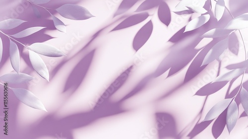 Soft light pastel purple background with delicate leaves and shadows.