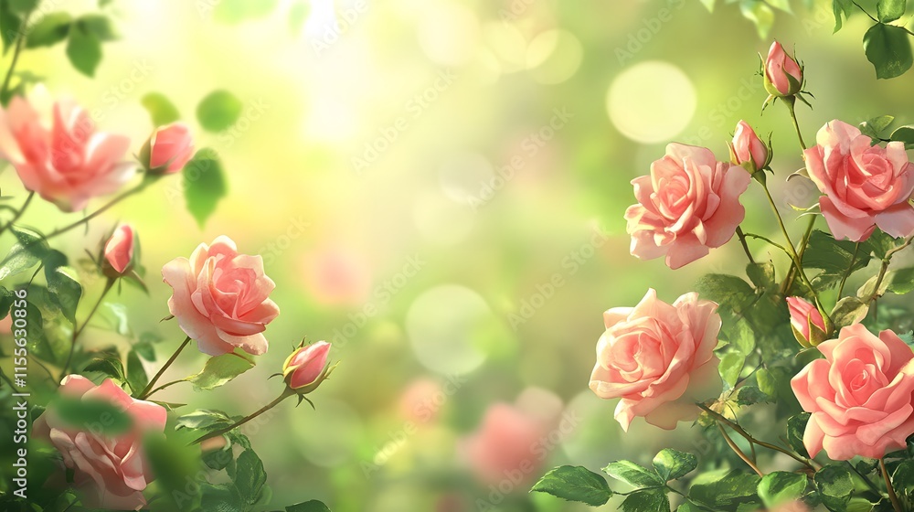 Obraz premium Beautiful delicate pink roses blooming in a serene garden setting with soft sunlight and gentle bokeh creating a tranquil and romantic atmosphere