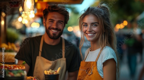 Smiling couple enjoying delicious food at outdoor eatery during sunny day