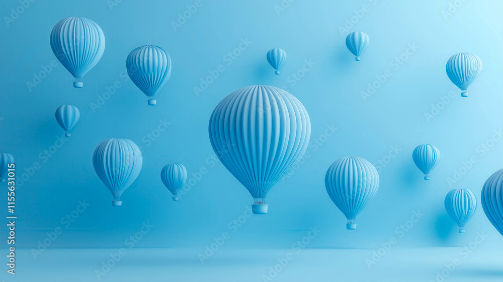 Fototapeta premium Hot air balloons floating on a minimalist blue background representing freedom and adventure