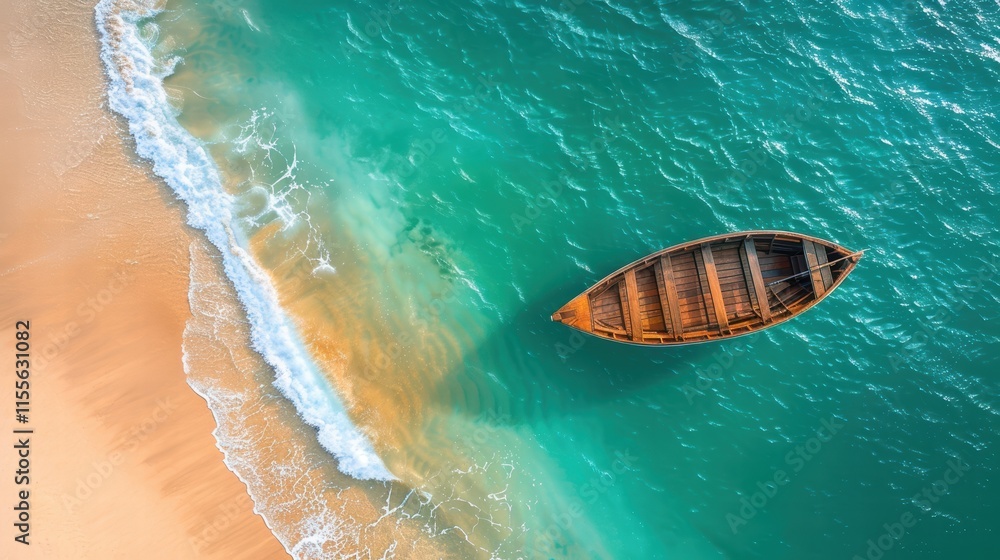 Fototapeta premium Tranquil Coastal Scene: Wooden Boat on Turquoise Waters