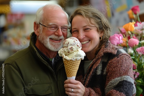 Smiling couple enjoying ice cream on a sunny day in a vibrant outdoor setting