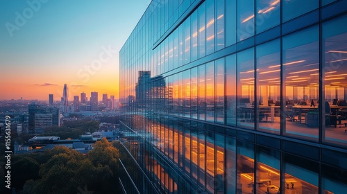 Stunning sunset over London skyline reflecting on modern glass building