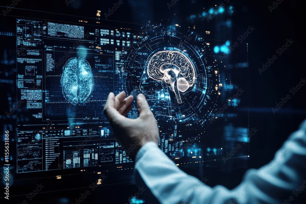 Fototapeta premium A futuristic scene depicting a hand interacting with a digital brain interface, symbolizing advanced technology and neuroscience.