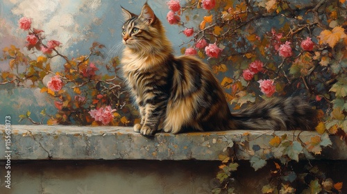 Orange cat sitting on a rock looking into the distance by the coast during a ...