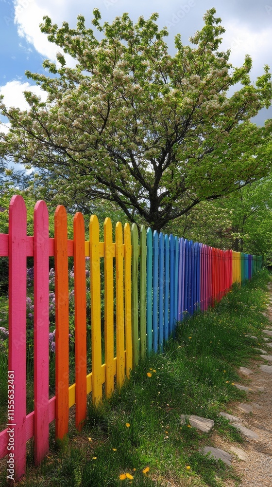 Colorful wooden fence lined along a pathway near a large tree in a residential area during a rainy day Colorful wooden fence lined along a pathway near a large tree in a residential area during a rainy day