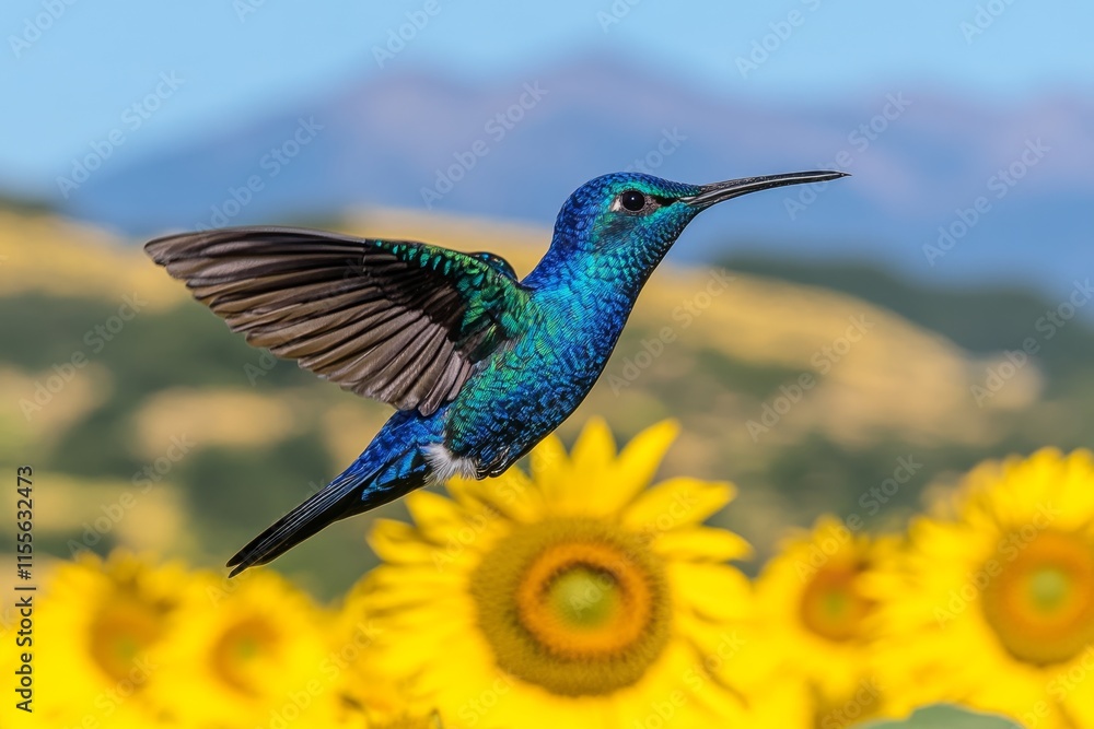 Fototapeta premium A vibrant hummingbird flying over a field of sunflowers, its colors contrasting beautifully with the yellow petals