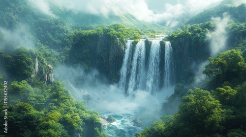 Majestic waterfall cascading down lush green cliffs, mist shrouding the valley below.