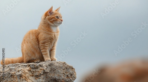 Orange cat sitting on a rock looking into the distance by the coast during a ...