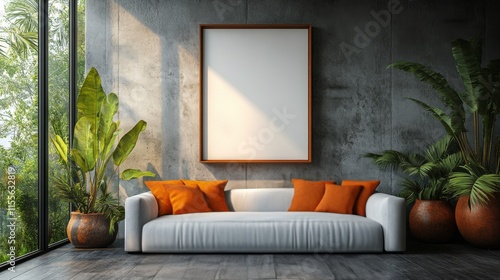 Modern living room with cozy orange sofa and stylish decor in a nature-inspir...