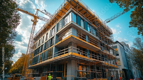 New urban office building under construction in vibrant autumn setting with i...