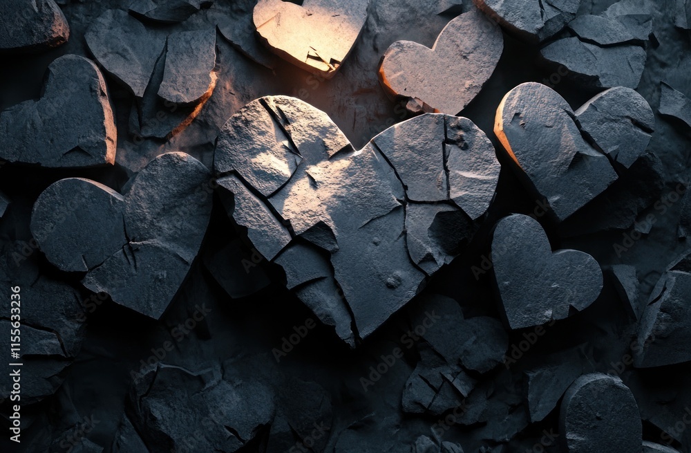 A large, cracked stone heart surrounded by smaller, intact hearts, illuminated from above.