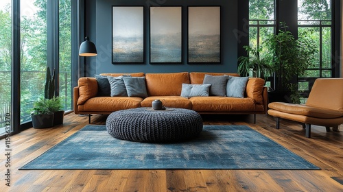 Modern living room with cozy orange sofa and stylish decor in a nature-inspir...
