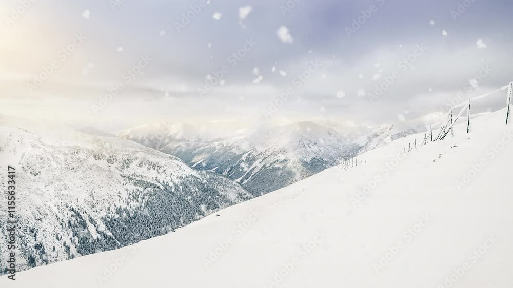 Snowy Landscape of Kasprowy Wierch, Poland Breathtaking winter view from Kasprowy Wierch in Tatra Mountains, Poland, featuring snowy slopes, distant peaks, softly falling snow under pale winter sky. Snowy Landscape of Kasprowy Wierch, Poland Breathtaking winter view from Kasprowy Wierch in Tatra Mountains, Poland, featuring snowy slopes, distant peaks, softly falling snow under pale winter sky.