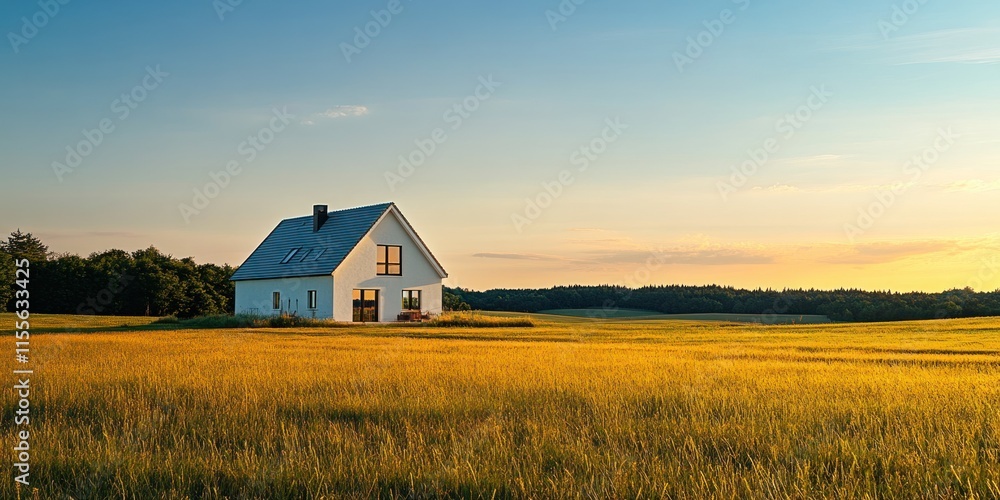 Modern house in a golden field at sunset. Modern house in a golden field at sunset.