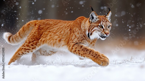 Lynx walking through a snowy forest with sunlight filtering through trees in ...