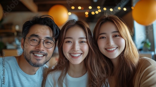 Friends enjoy a joyful moment together in a cozy cafe setting with warm lighting