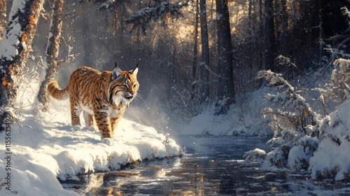 Lynx walking through a snowy forest with sunlight filtering through trees in ...