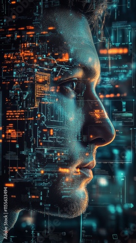 Profile of a young man with abstract data visualization background representi...