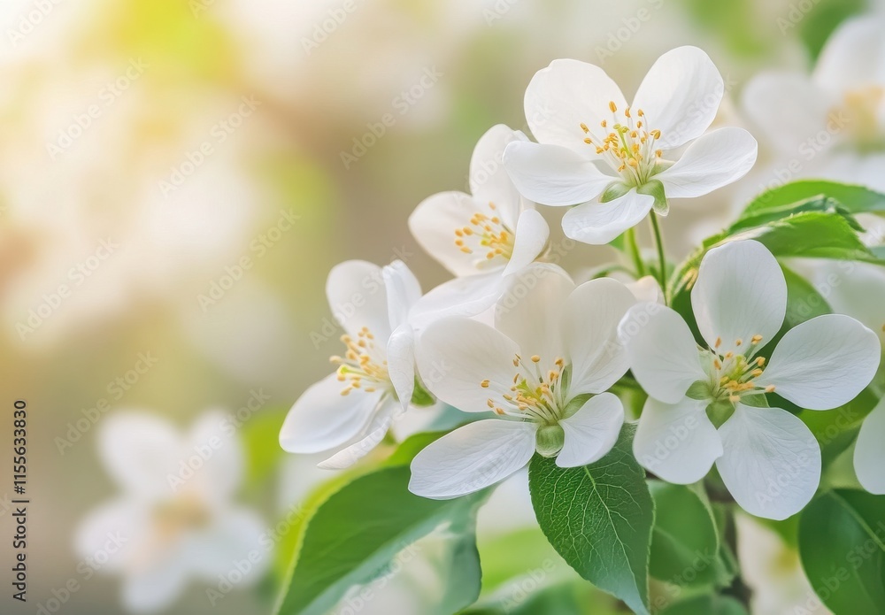 Obraz premium Delicate White Flower Blossoms Against a Soft Green Background, Capturing the Beauty of Nature in Spring with Sunlight Illuminating the Petals and Leaves