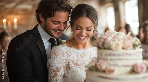 Couple celebrates at a wedding reception holding a cake in a warmly lit venue
