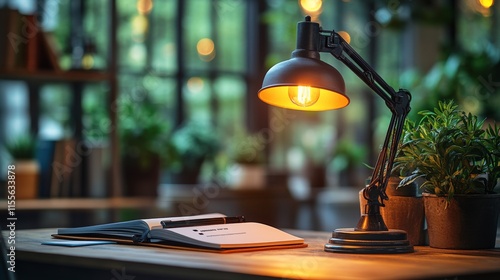 Cozy workspace with laptop and plants during sunset in a bright room
