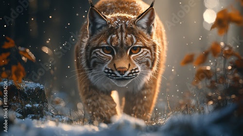Lynx walking through a snowy forest with sunlight filtering through trees in ...
