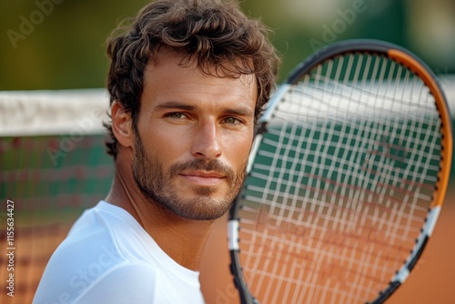 Tennis player posing confidently on the court with racket in hand during warm...