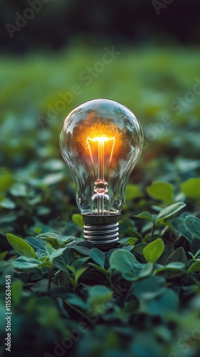 Light bulb glowing among green grass and white flowers at sunset in a serene ...