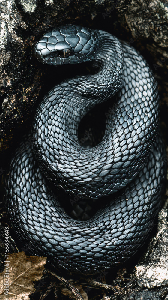 striking close up of coiled black snake resting on textured bark, showcasing its intricate scales and natural habitat striking close up of coiled black snake resting on textured bark, showcasing its intricate scales and natural habitat