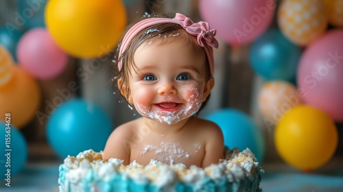 Baby joyfully celebrates birthday with cake and colorful balloons in the back...