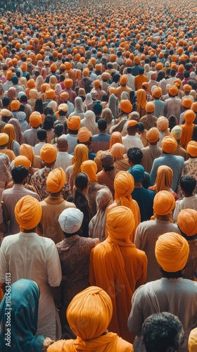 Large crowd wearing orange turbans gathers at a cultural festival in a public...
