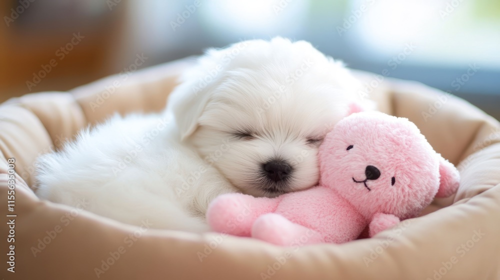 Adorable white puppy sleeping soundly in a beige pet bed with a pink teddy bear. Adorable white puppy sleeping soundly in a beige pet bed with a pink teddy bear.