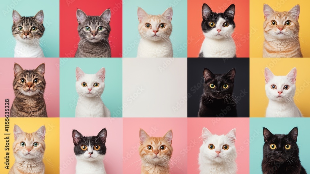 Diverse cat breeds in a colorful collage of unique photography Diverse cat breeds in a colorful collage of unique photography