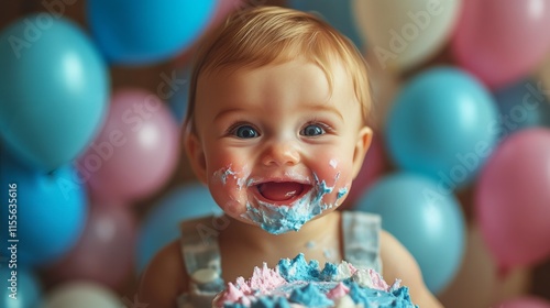 Baby joyfully celebrates birthday with cake and colorful balloons in the back...