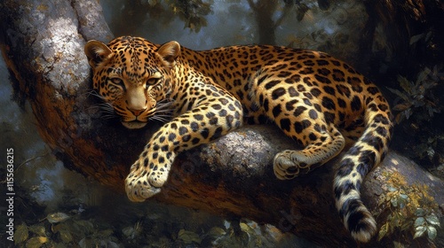 Leopard resting on a branch surrounded by vibrant flowers in a tranquil setting