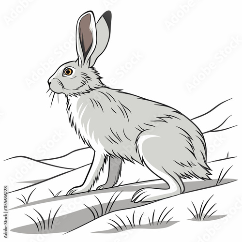 A detailed digital artwork of a snowshoe hare in its natural habitat, showcasing its winter beauty.