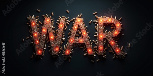 Word War spelled with weapons, cannons, and rockets. Depicts fear, destruction, and suffering caused by armed conflict photo