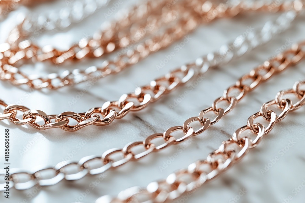 Close-up of intertwined silver and rose gold chains on a marble surface. Close-up of intertwined silver and rose gold chains on a marble surface.