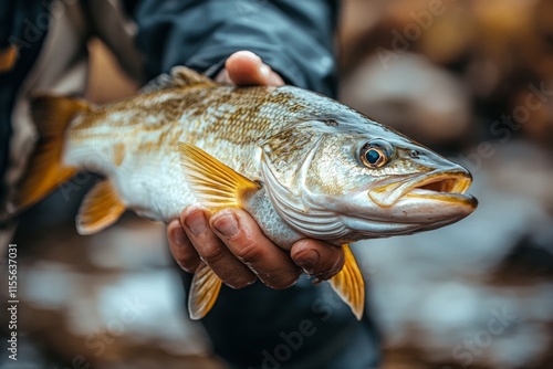 Catch of the day with a beautiful freshwater fish held by an angler in a sere...