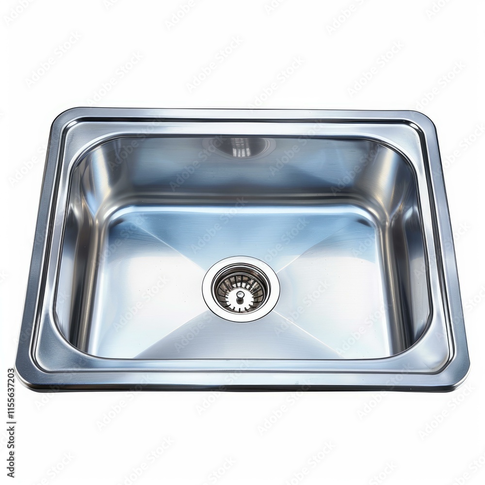Shiny, clean, empty stainless steel kitchen sink with drain, isolated on white background Shiny, clean, empty stainless steel kitchen sink with drain, isolated on white background